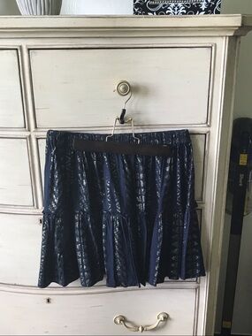 Elan Navy Metallic Tiered Mini Skirt with Shimmer